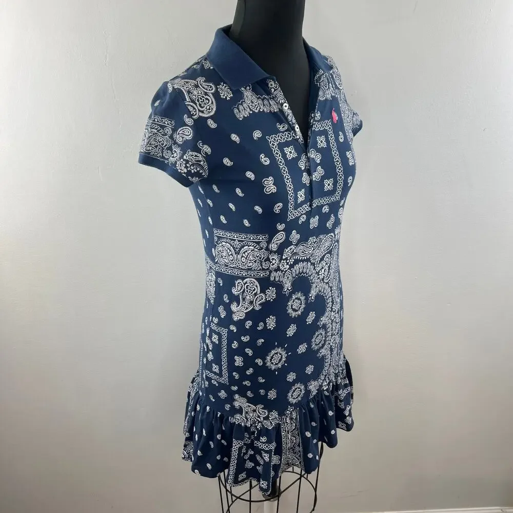 POLO RALPH LAUREN Blue White Cotton Bandana Print Short Sleeve Dress Girls XL